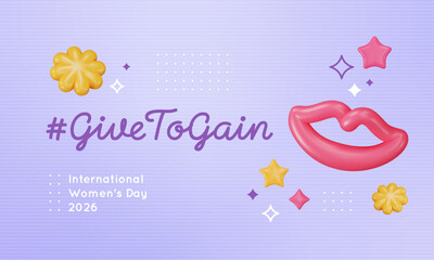 Givetogain banner with 3d lips, stars and abstract flowers. International Women's Day greeting. Plastic shapes on ribbed background. Purple gradient, y2k glossy elements. Vector illustration.