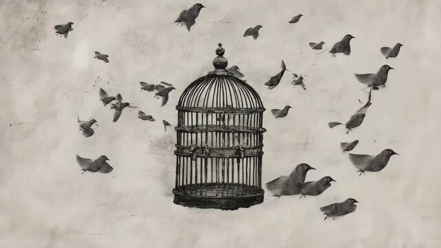 A vintage-style image of a birdcage with birds in flight
