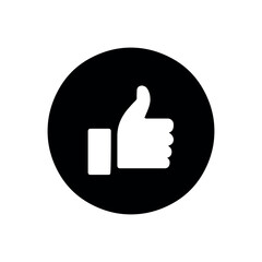 A white thumbs up icon inside a black circle on a white background conveying agreement or approval