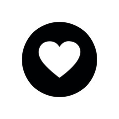 A simple graphic featuring a white heart shape centered within a black solid circle on a white background