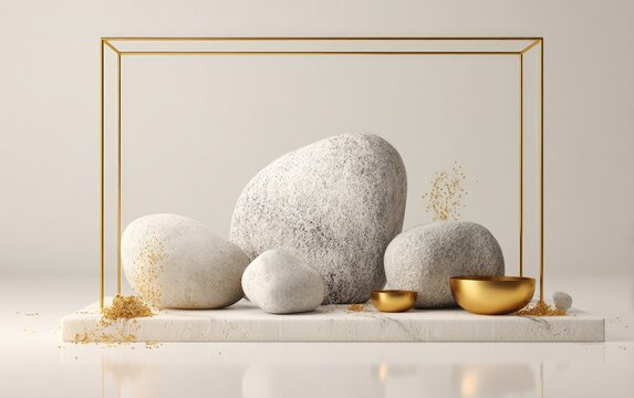 Still life of neutral stones, gold cups, & gold dust, framed by a square gold outline - Powered by Adobe