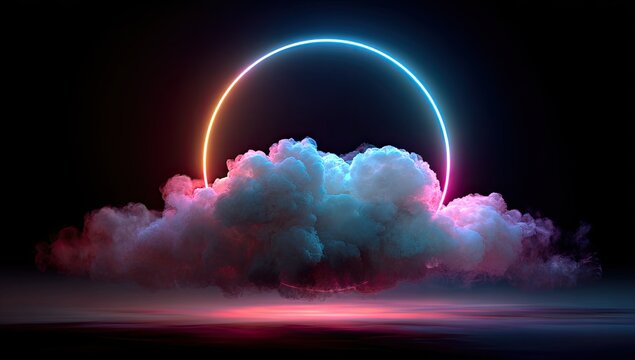 Glowing neon circle above luminous clouds on a dark reflective surface, dreamy, surreal