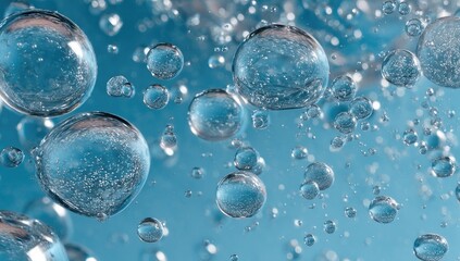 A cluster of transparent bubbles float in a light blue liquid, some reflecting light