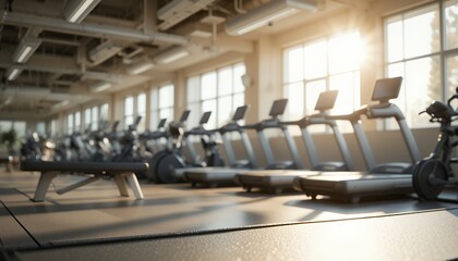 Fototapeta premium Modern gym interior with sunlight streaming through large windows illuminating exercise equipment