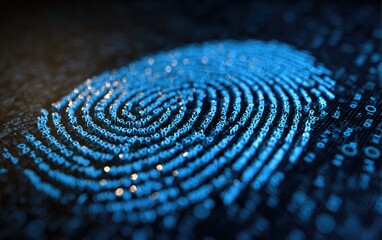 Abstract digital fingerprint made of blue binary code on a dark background
