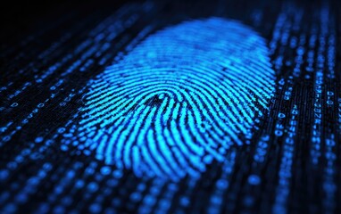 Glowing blue fingerprint on a digital matrix background, data streams around it