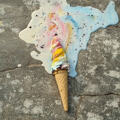 Obraz premium A melting ice cream cone spills onto a gray concrete surface, creating a colorful and chaotic pattern.