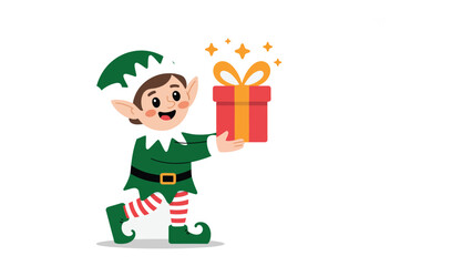 Holiday Cheer with a Gift: A cheerful holiday elf extends a gift box, radiating holiday joy. It captures the anticipation and excitement of giving and receiving gifts during the festive season. 