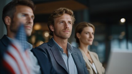Business team in a boardroom with a small desk USA flag next to smart holographic data dashboards, representing corporate patriotism, professional teamwork, and technology-driven American business