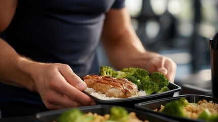 Close-up of hands packing grilled chicken, rice, and broccoli into fitness meal containers, surrounded by protein shakes and gym accessories, symbolizing clean eating, macro-friendly diet, and