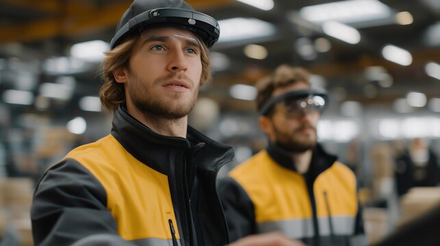 Wide-angle shot of industrial warehouse with multiple engineers using AR devices to pick and organize components, symbolizing futuristic supply chain management, robotics integration, and efficient