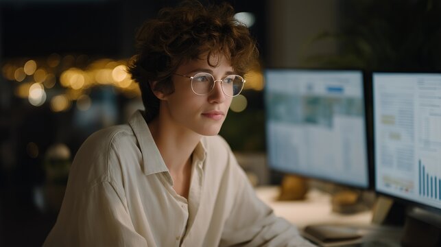 Wide-angle shot of office or home workspace with owner analyzing AI-generated customer reports on multiple devices, symbolizing technology-enabled business decisions, customer-centric operations,
