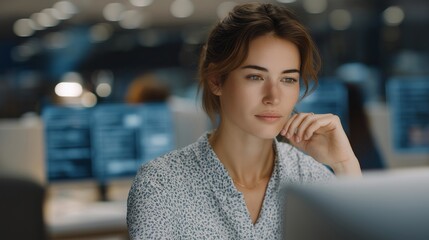 High-tech office environment with employee interacting with floating holographic email notifications, emotion of concentration and control visible, representing smart business communication, AR