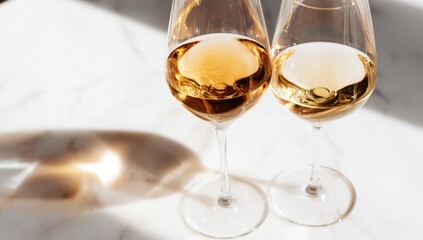 Two elegant wine glasses filled with golden liquid, captured on a white marble surface, showcasing sun-drenched shadows and a sophisticated aesthetic.