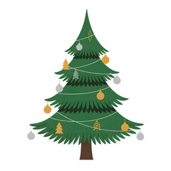Obraz premium Stylized Christmas tree decorated with gold and silver ornaments and string lights. Modern vector illustration with a natural texture, perfect for sophisticated holiday greetings and minimalist winter