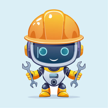 Adorable cartoon robot mascot in an orange hard hat, holding wrenches, symbolizing engineering and repair