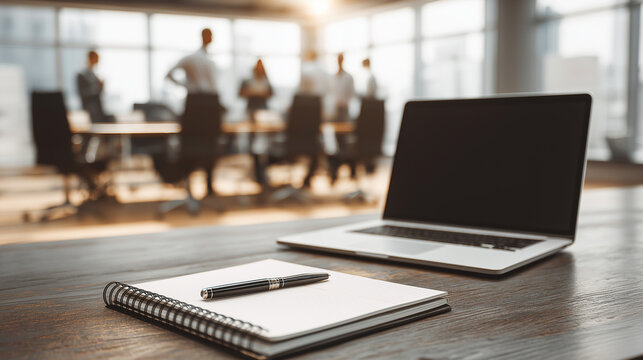 A laptop, notepad, and pen with office staff