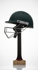 Dark Green Cricket Helmet and Bat on White Background, Sports Equipment, Protection Gear, Ready for Game