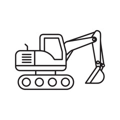 Excavator linear icon. Construction machinery outline symbol. Heavy equipment for digging and building. Simple digger vector illustration isolated on white.
