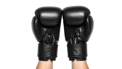 Hands Wearing Boxing Black Gloves, Isolated on Transparent Background