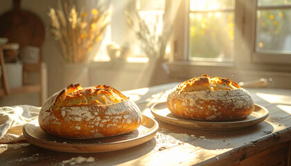 Two loaves of freshly baked bread sit on wooden plates by a sunlit window in a rustic kitchen.