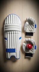 Top Down View of Cricket Pads Gloves and Ball on a Polished Wooden Surface
