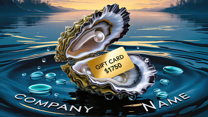 - Oyster with gift card in water 3D illustration blue and gold corporate