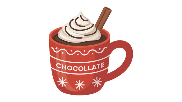 Cozy Cocoa Delight: A cheerful illustration of a steaming mug brimming with rich cocoa, crowned with a swirl of whipped cream and a cinnamon stick, promising warmth and comfort.
