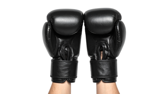 Hands Wearing Boxing Black Gloves, Isolated on Transparent Background