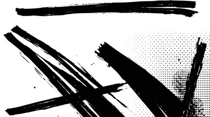 Abstract black brush strokes and halftone pattern
