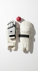 Cricket Wicket Keeper Batting Glove and Leg Pads with Red Ball on Minimalist White Studio Background Overhead