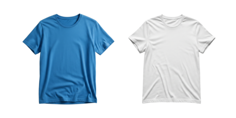 Blue and white blank T-shirt mockups set. Front view of two colorful casual apparel templates for clothing comparison or design presentation