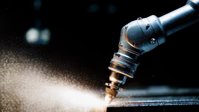 Close-up of a metal cutting drill/milling tool in action, sparks flying as it cuts into metal.