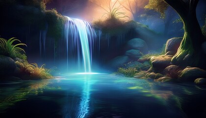Magical Glowing Waterfall and Pond in an Enchanted Forest