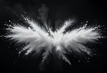 Abstract white powder explosion dynamically spreading in symmetrical wing shaped formation on