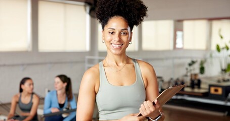 Fitness, portrait and clipboard for sign up with gym membership, details and registration. Women, smile and personal trainer with paperwork at health club for application, workout contract or form