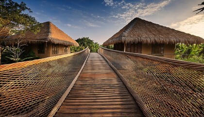 Tropical Bungalows Connected by Woven Rope Suspension Bridge