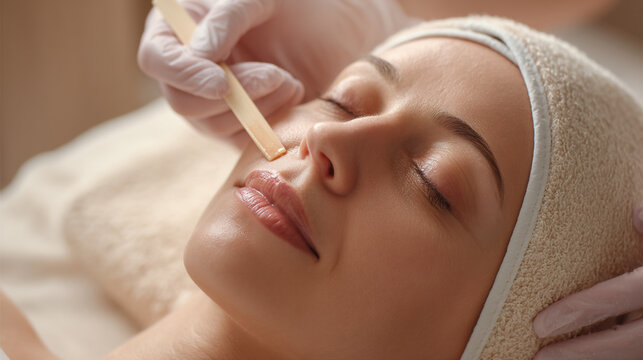 Close up of woman receiving facial waxing treatment at a beauty salon spa