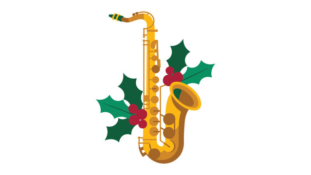 Holiday Harmony: A festive saxophone adorned with seasonal holly and berries, conjuring the sounds of the holiday season, embodying cheer, and melodic spirit.