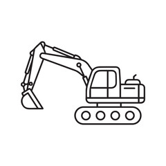 Excavator linear icon. Construction machinery outline symbol. Heavy equipment for digging and building. Simple digger vector illustration isolated on white.
