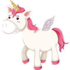 Cartoon Unicorn With Pink Mane And Tail Golden Horn And White Wings Isolated On Transparent...