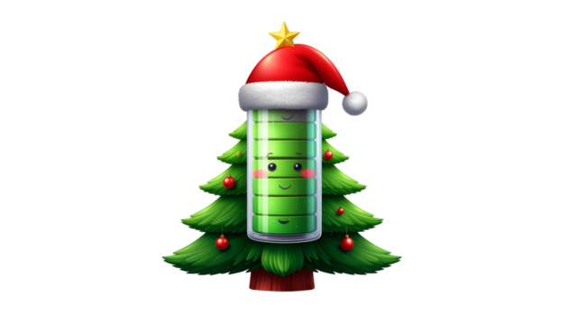 Fully charged battery celebrating Christmas is a great concept and illustration isolated on solid white background