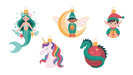 Magical Ornaments: A charming collection of fantastical ornaments including a mermaid, elf, fairy, unicorn and dragon, with vibrant colors and intricate details.