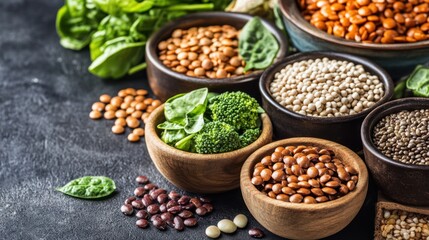 Variety of healthy legumes and vegetables arranged on dark background close up