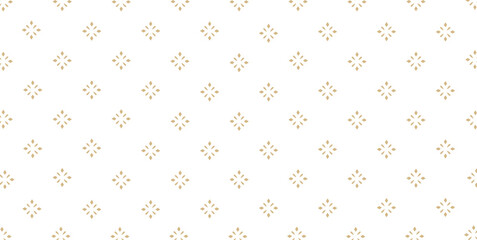 Golden vector seamless pattern with small diamonds, star shapes, rhombuses. Abstract gold and white geometric texture. Simple minimal wide repeat background. Luxury design for decor, wallpaper,	