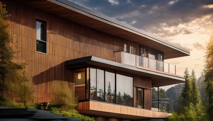 Modern Wooden House with Glass Windows and Balcony in Forest