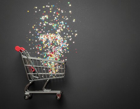Shopping trolley cart and confetti isolated on black background. Black Friday and Christmas sale discounts illustration.