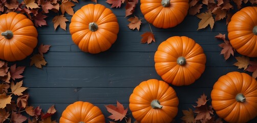 Top view of fresh orange pumpkins arranged on dark wooden surface with autumn leaves scattered