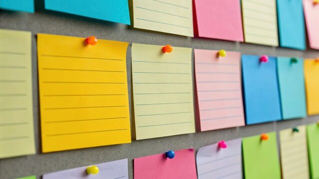 Colorful sticky notes pinned on a gray wall create a vibrant and organized visual display, perfect for reminders and brainstorming.