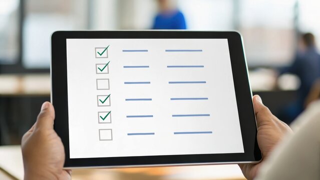A person holding a tablet displaying a checklist with checkmarks and blank lines in a bright office setting.